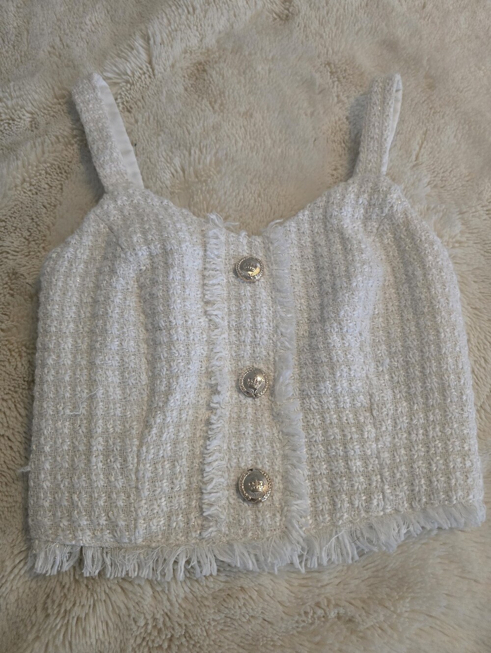 Walter Baker Ivory Tweed Fringed Crop Top with Gold Buttons